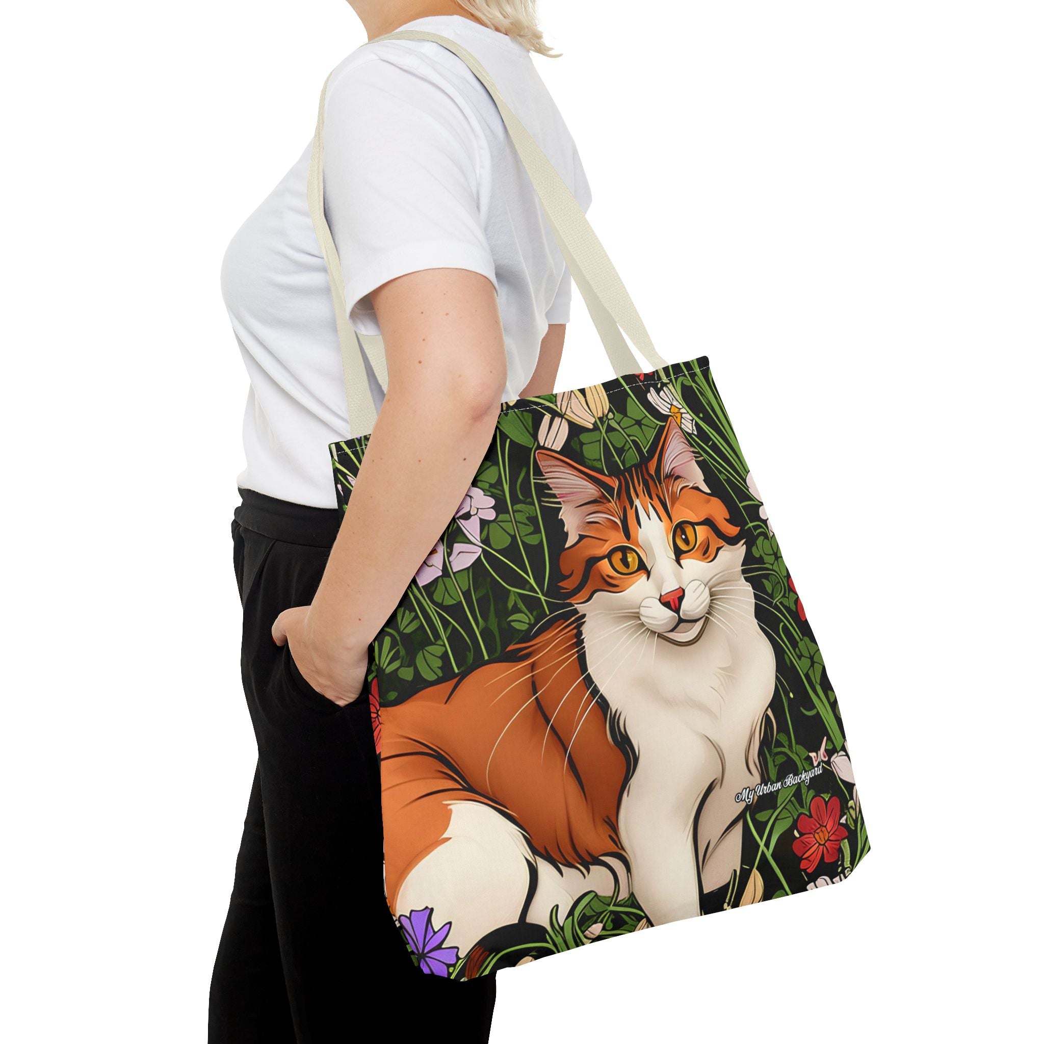 Orange Cat with Flowers Tote Bag with Cotton Handles For Everyday Use, 3 Sizes
