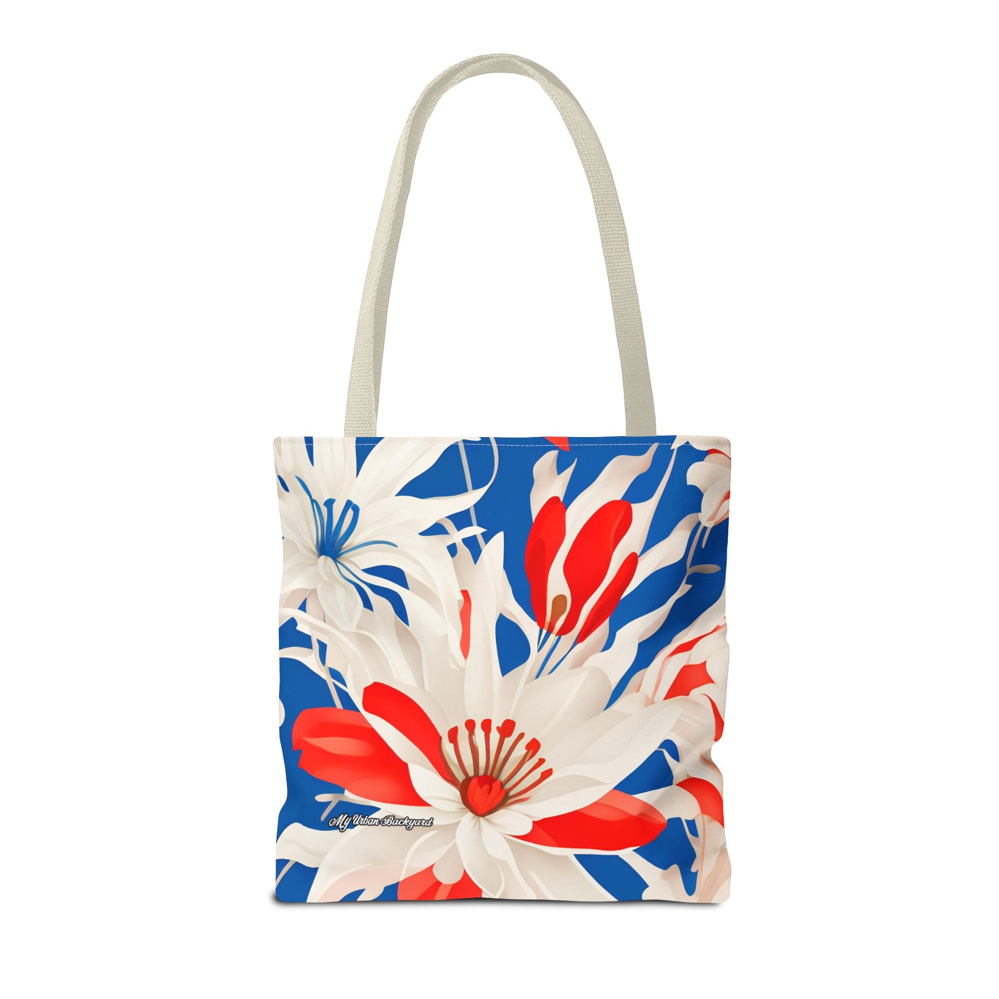 Red White & Blue Flowers Tote Bag with Cotton Handles For Everyday Use, 3 Sizes