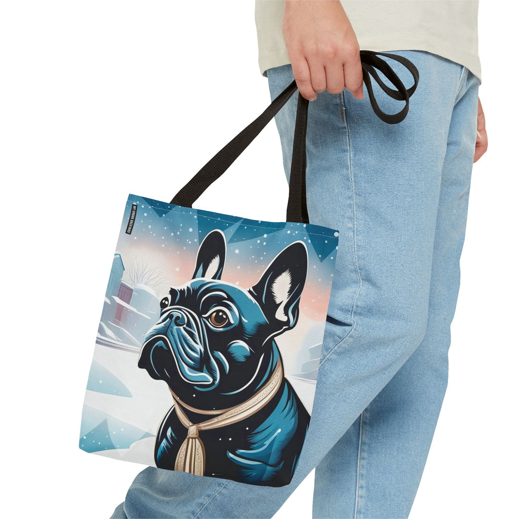 French Bulldog Winter Tote Bag — Snowy Pup All-Over Print Tote