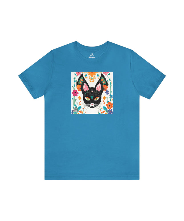 Black Cat w Green Eyes & Flowers, Soft 100% Jersey Cotton T-Shirt, Unisex, Short Sleeve, Retail Fit