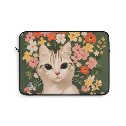 White Cat with Flowers, Laptop Carrying Case, Top Loading Sleeve for School or Work