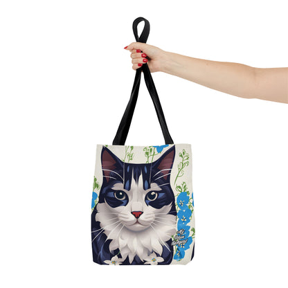 Cat and Blue Flowers, Tote Bag for Everyday Use - Durable and Functional