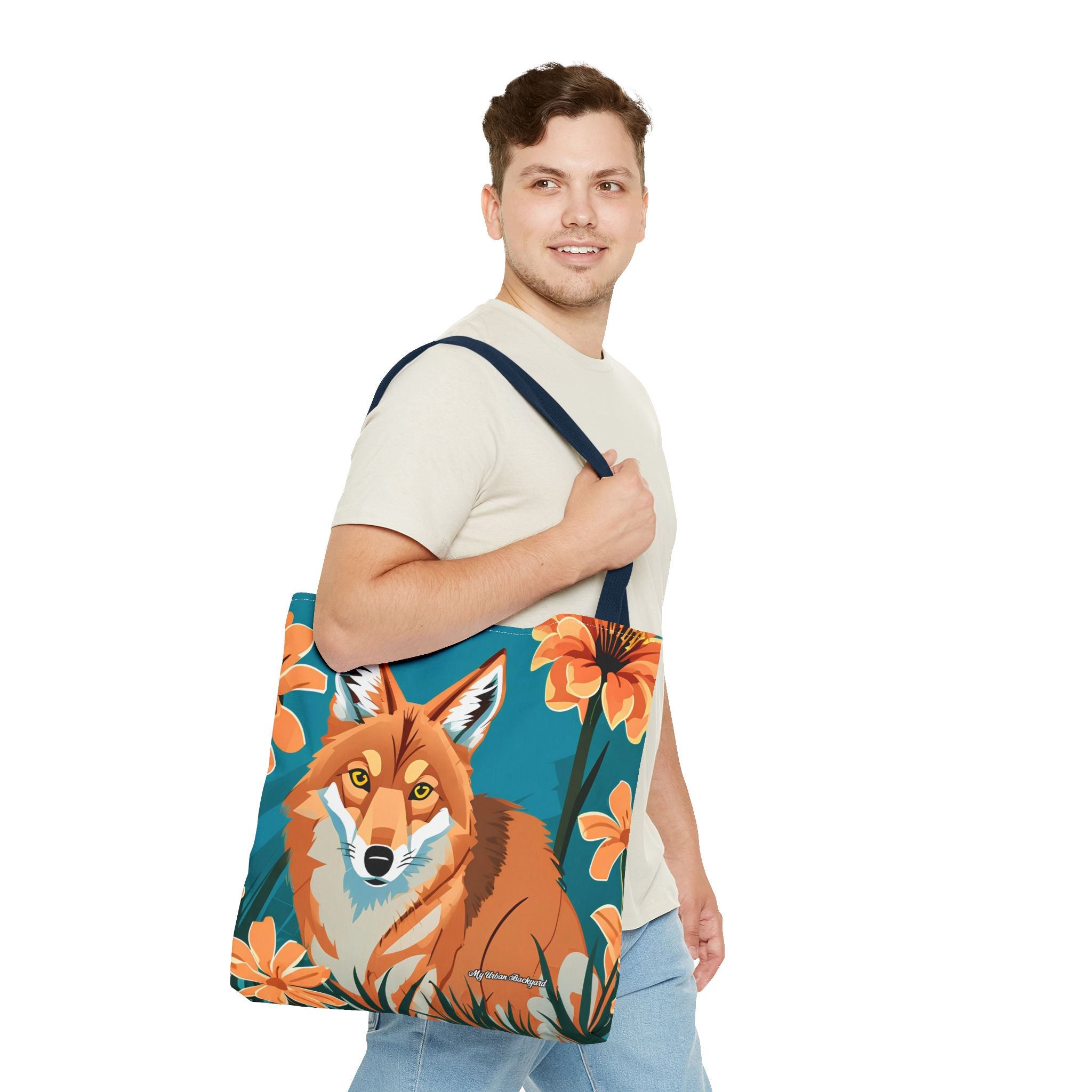 Coyote with Flowers Tote Bag with Cotton Handles For Everyday Use, 3 Sizes