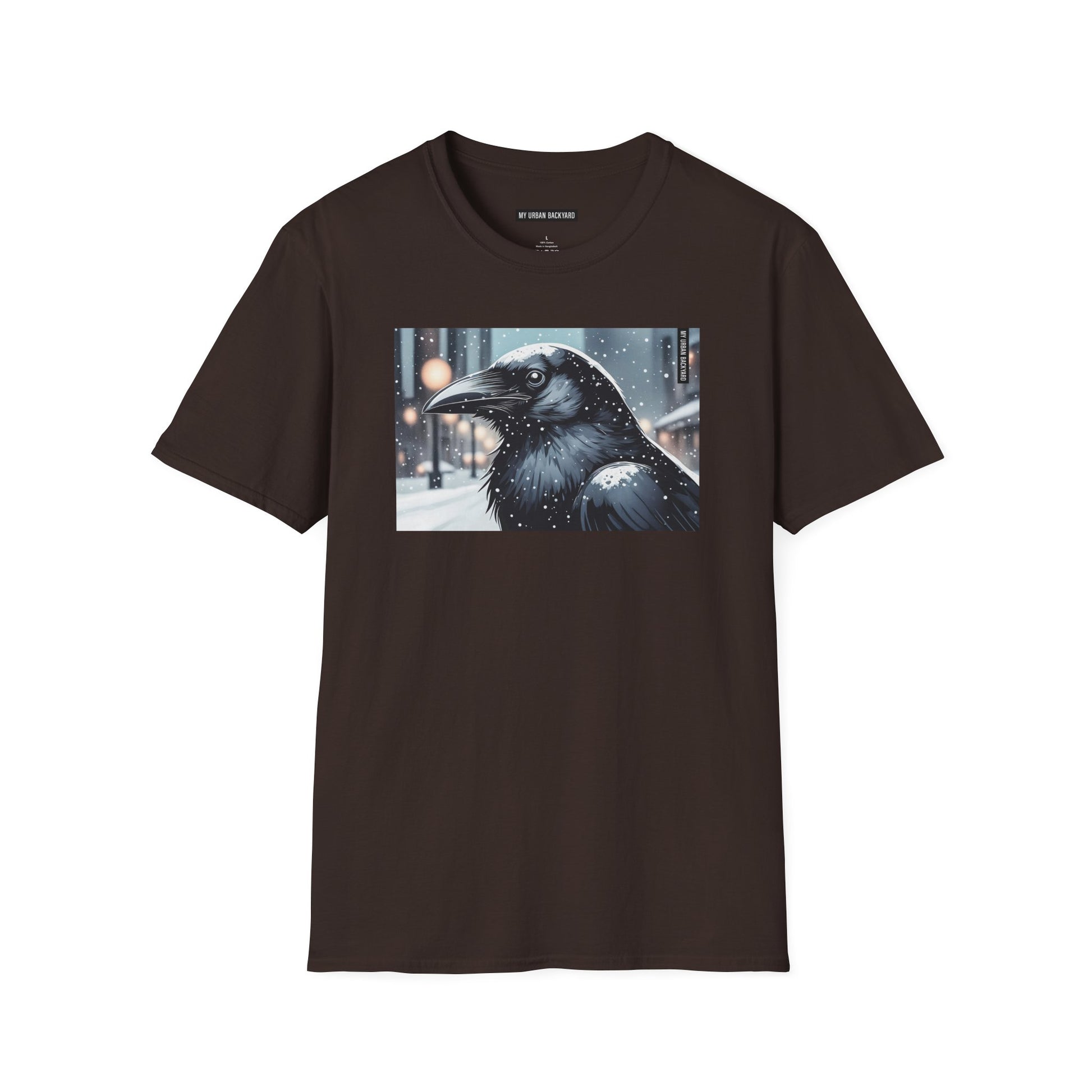 Urban Crow In Falling Snow T-Shirt — Winter Crow Graphic Tee