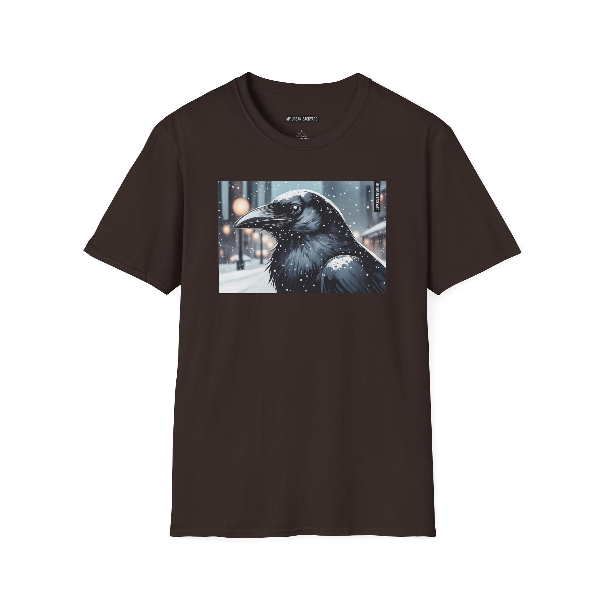 Urban Crow In Falling Snow T-Shirt — Winter Crow Graphic Tee