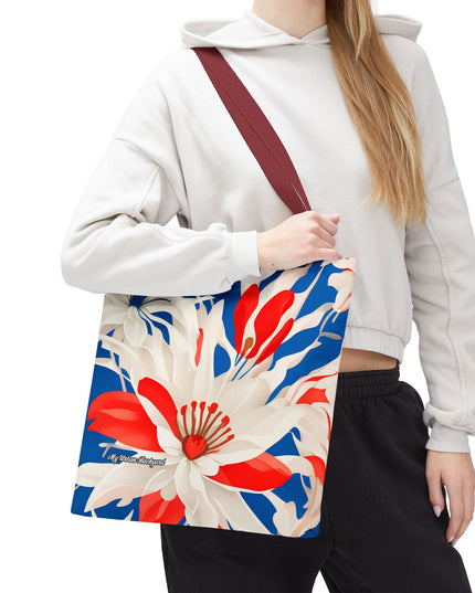Red White & Blue Flowers Tote Bag with Cotton Handles For Everyday Use, 3 Sizes