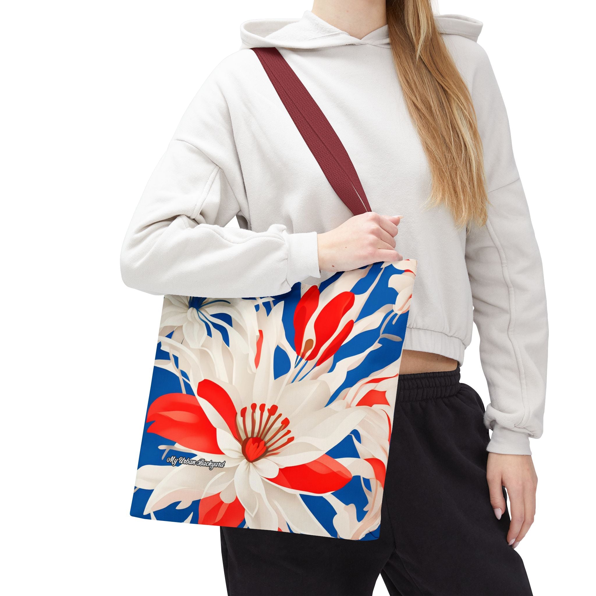 Red White & Blue Flowers Tote Bag with Cotton Handles For Everyday Use, 3 Sizes