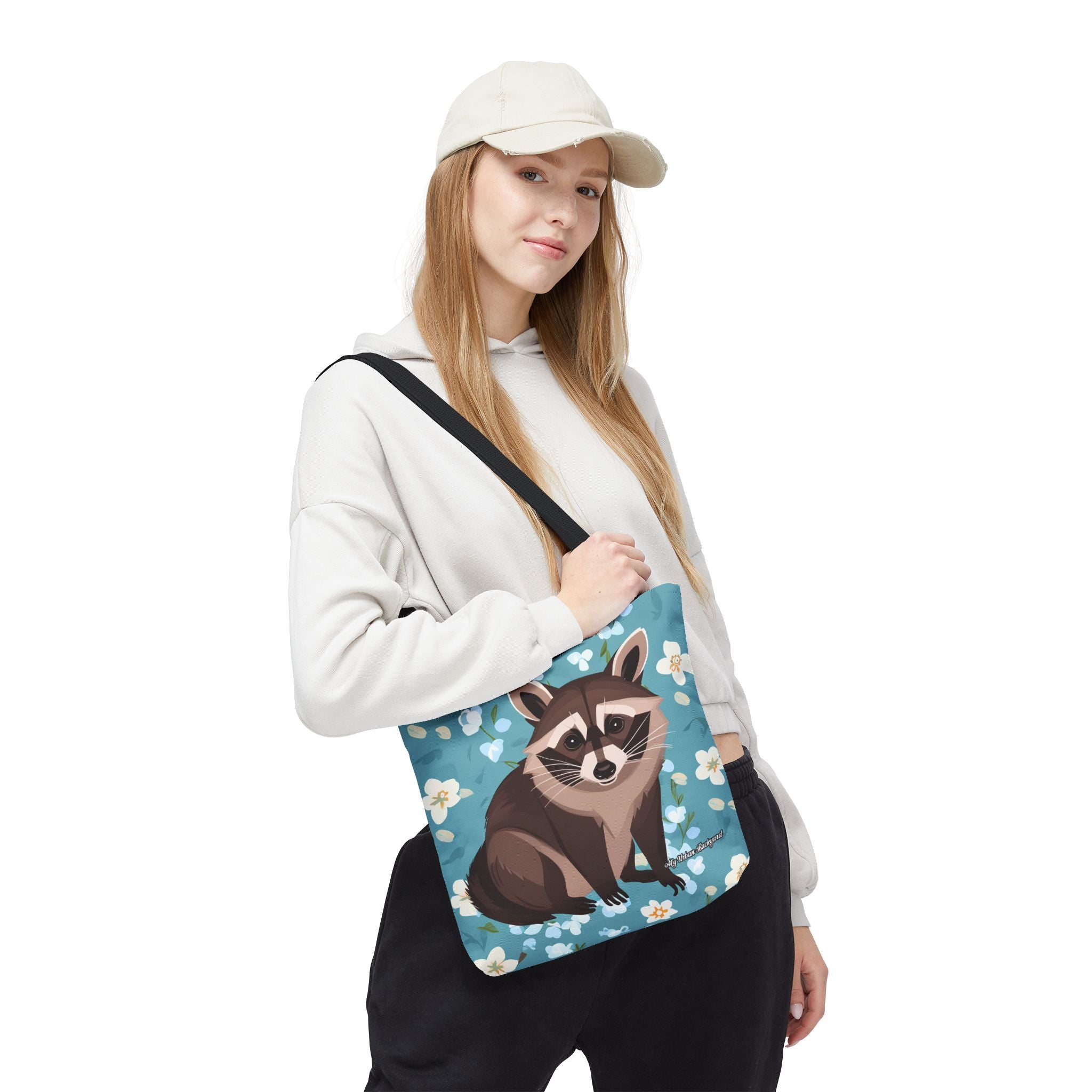 Young Raccoon w Flowers Tote Bag with Cotton Handles For Everyday Use, 3 Sizes