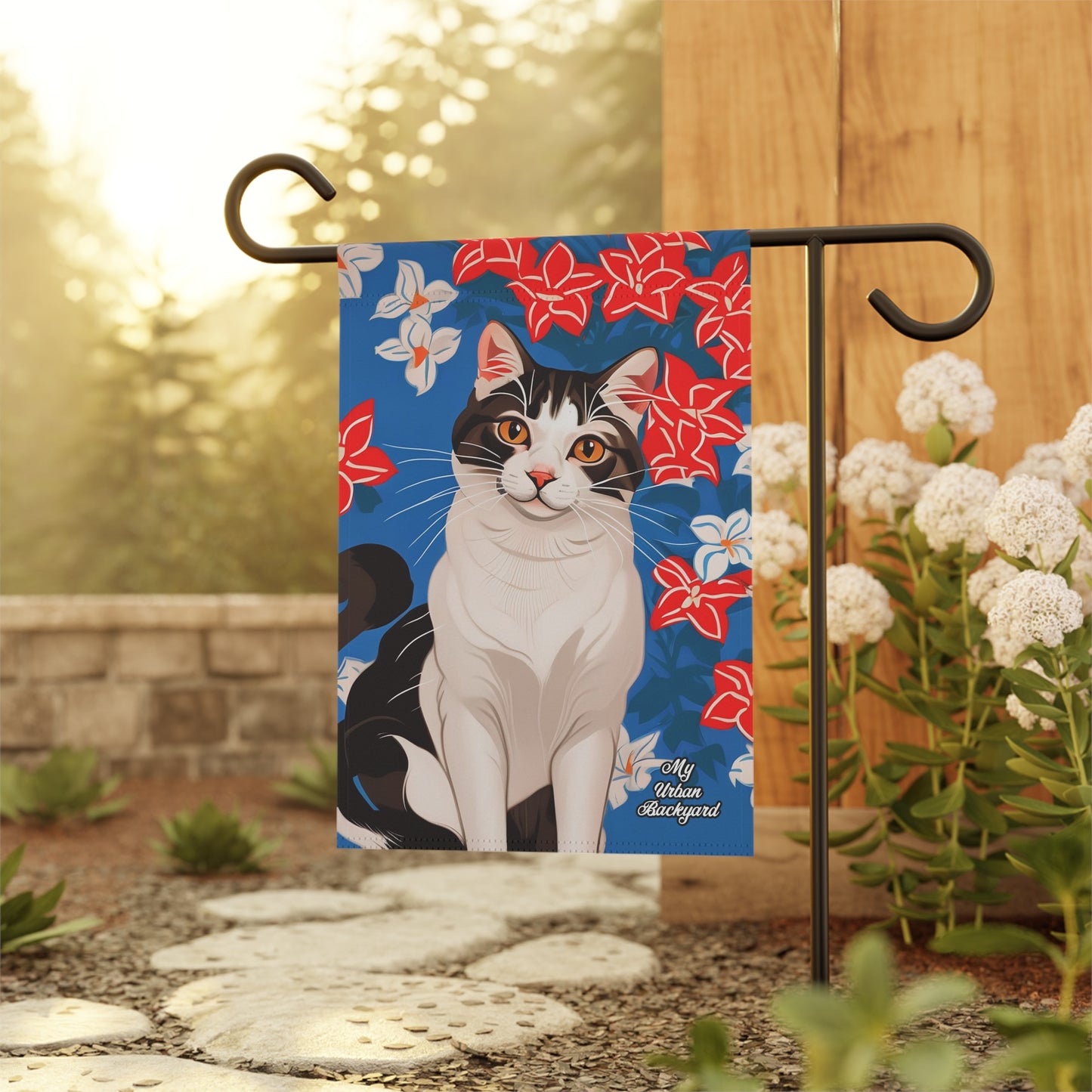 Cat with Red & White Flowers, Garden Flag for Yard, Patio, Porch, or Work, 12"x18" - Flag only