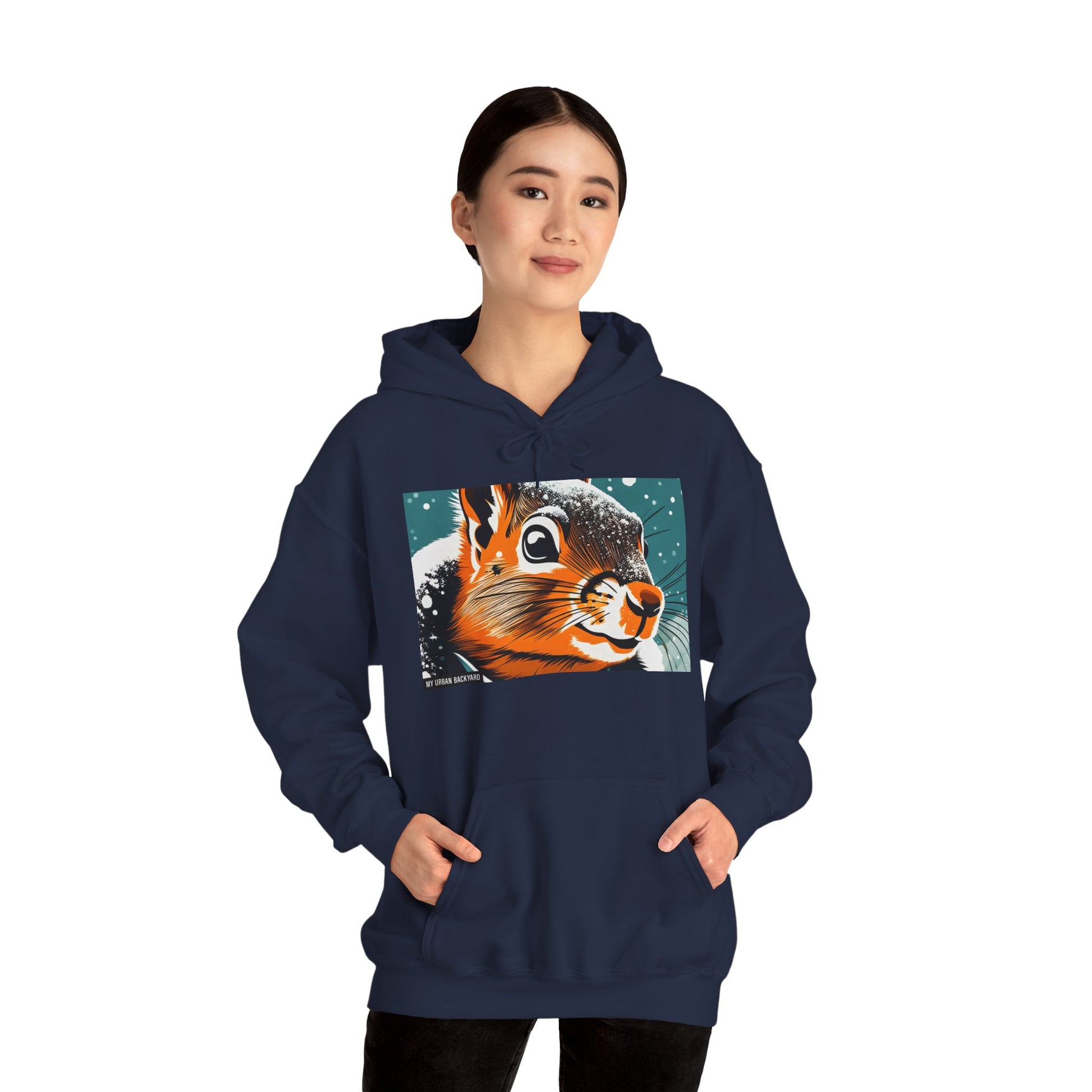 Winter Squirrel Sweatshirt - Unisex Heavy Blend Hooded, Cute Animal Apparel, Winter Fashion, Gift for Nature Lovers, Snowy Days, Cozy Wear