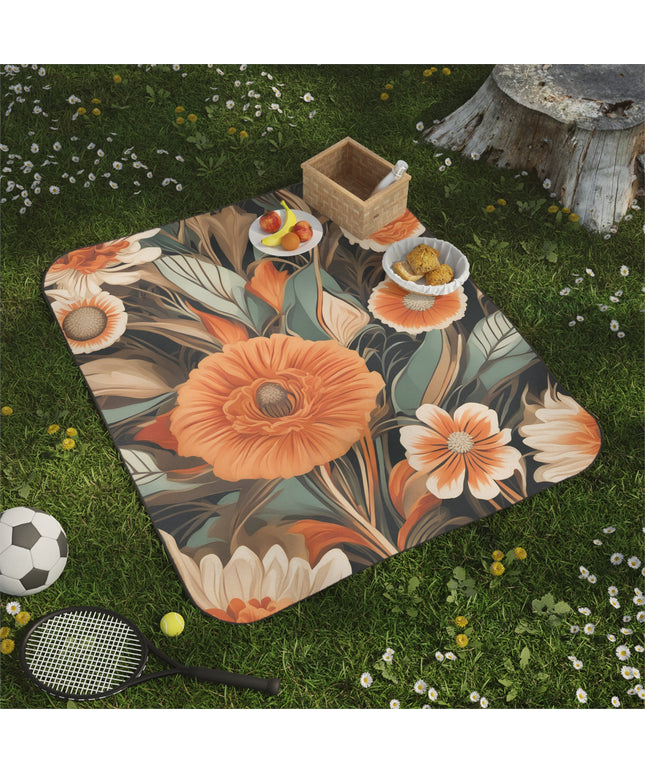 Orange Flowers, Outdoor Picnic Blanket with Soft Fleece Top, Water-Resistant Bottom, 51" × 61"