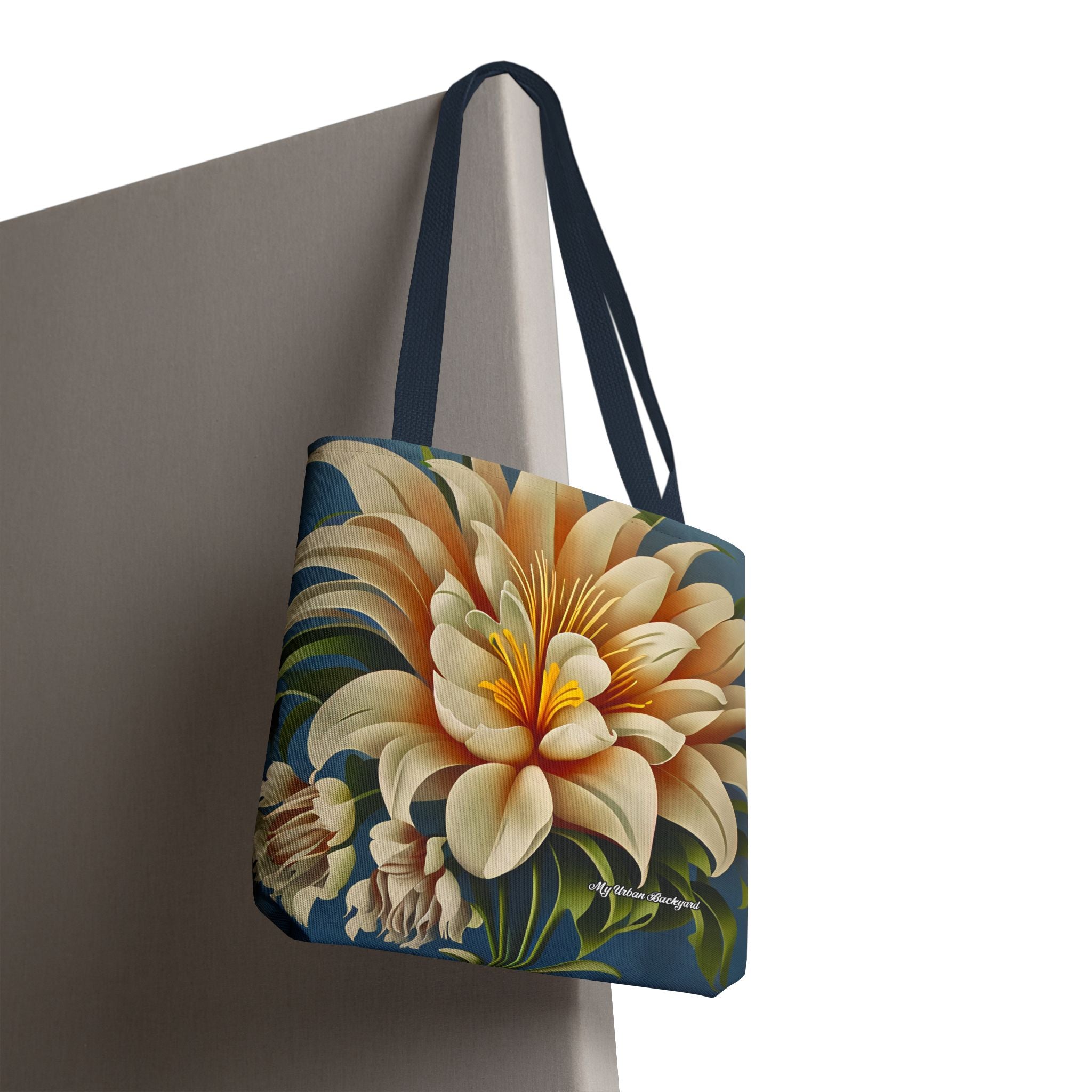 Large White Flower Tote Bag with Cotton Handles For Everyday Use, 3 Sizes