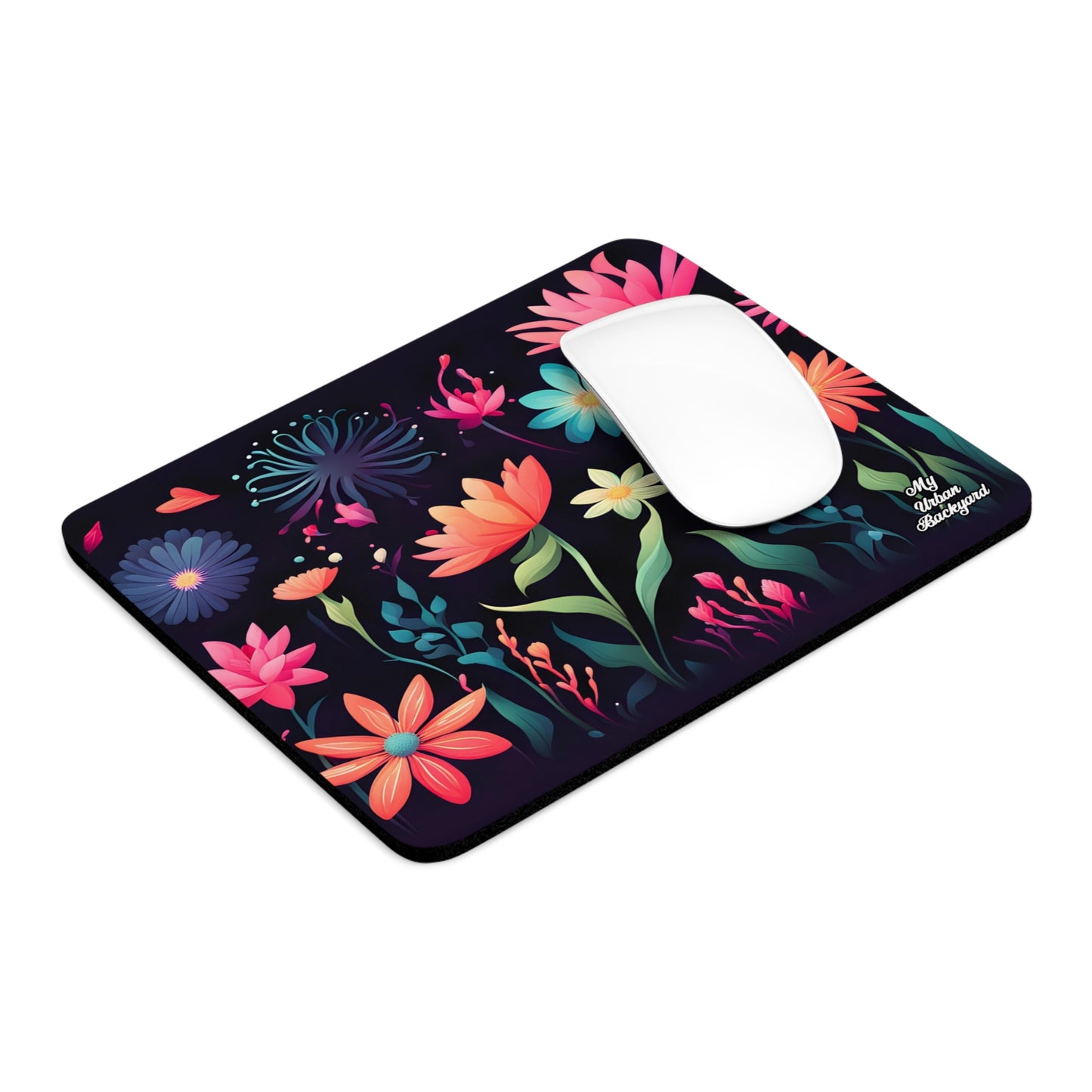 Colorful Flowers on Black, Computer Mouse Pad - for Home or Office