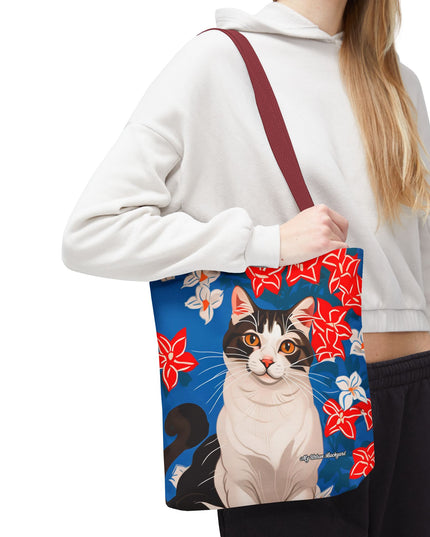 Cat and Red White & Blue Flowers Tote Bag with Cotton Handles For Everyday Use, 3 Sizes