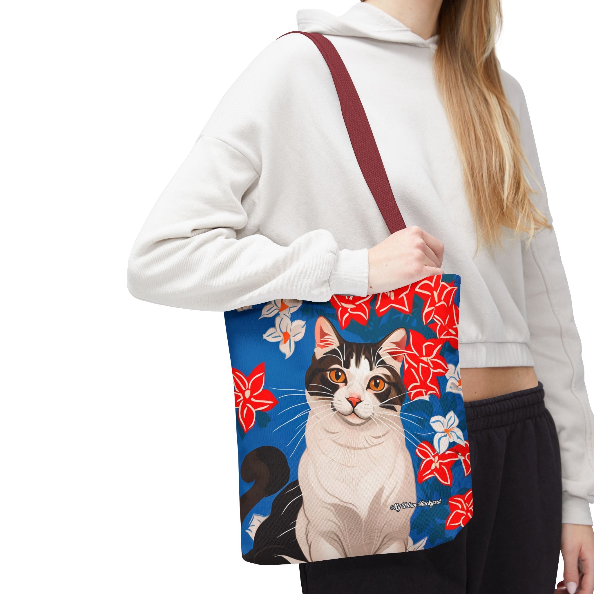 Cat with Red and White Flowers, Tote Bag with Cotton Handles For Everyday Use, 3 Sizes