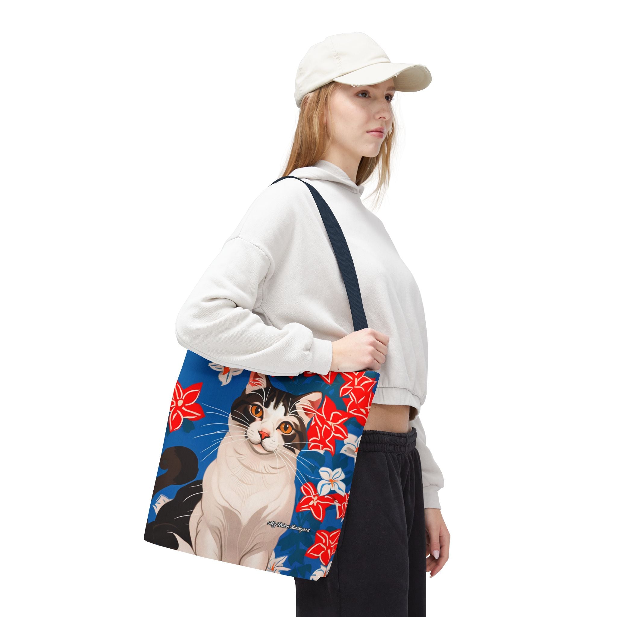 Cat with Red and White Flowers, Tote Bag with Cotton Handles For Everyday Use, 3 Sizes