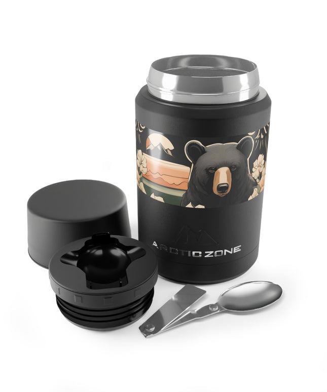 Black Bear with Wildflowers, Reusable Insulated Food Storage Container with Spoon – 16.9oz