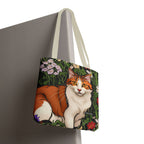 Orange Cat with Flowers, Tote Bag w Cotton Handles