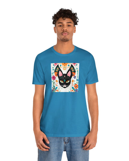Black Cat w Green Eyes & Flowers, Soft 100% Jersey Cotton T-Shirt, Unisex, Short Sleeve, Retail Fit