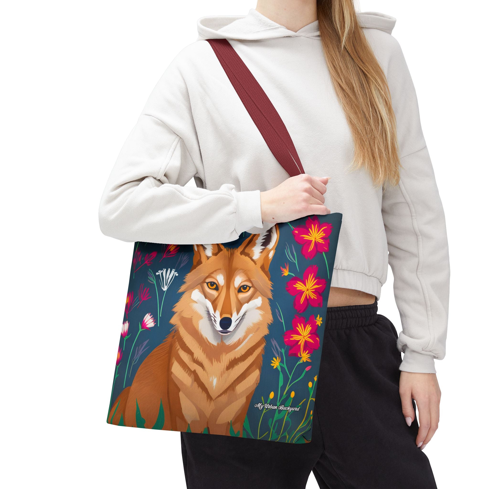 Coyote w Red Flowers Tote Bag with Cotton Handles For Everyday Use, 3 Sizes
