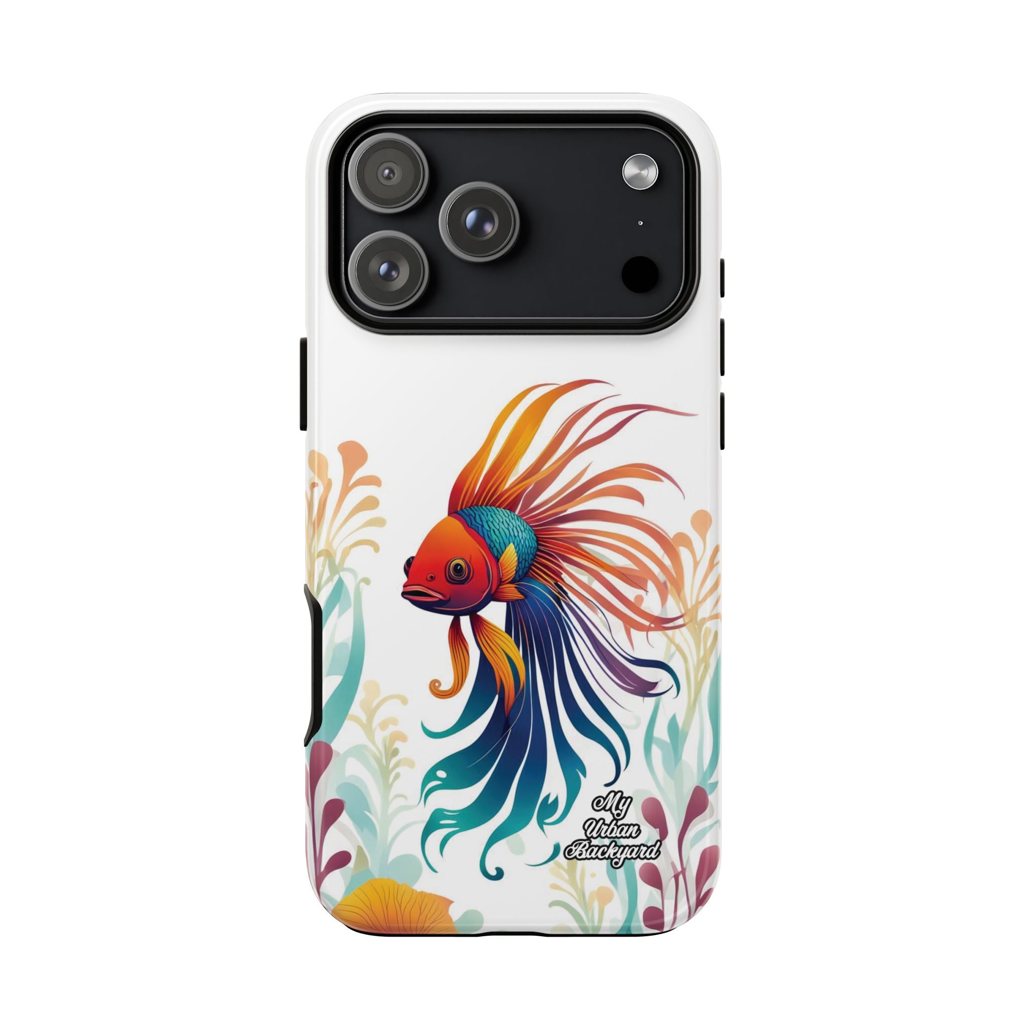 Phone case with a colorful fish design on a white background