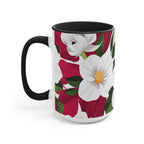 White Flowers on Red, Ceramic Coffee Mug