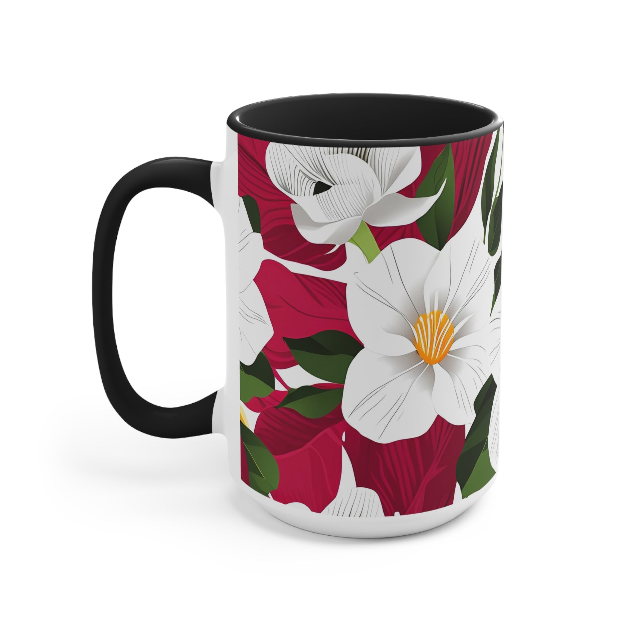 White Flowers on Red, Ceramic Coffee Mug