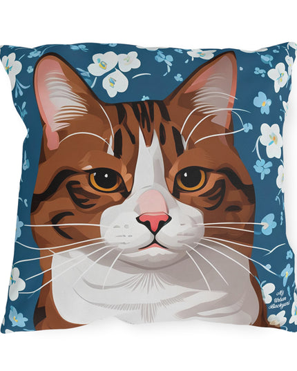 Orange Cat and Flowers, Sable accent color, Throw Pillow, Indoor/Outdoor Decor for Home or Office