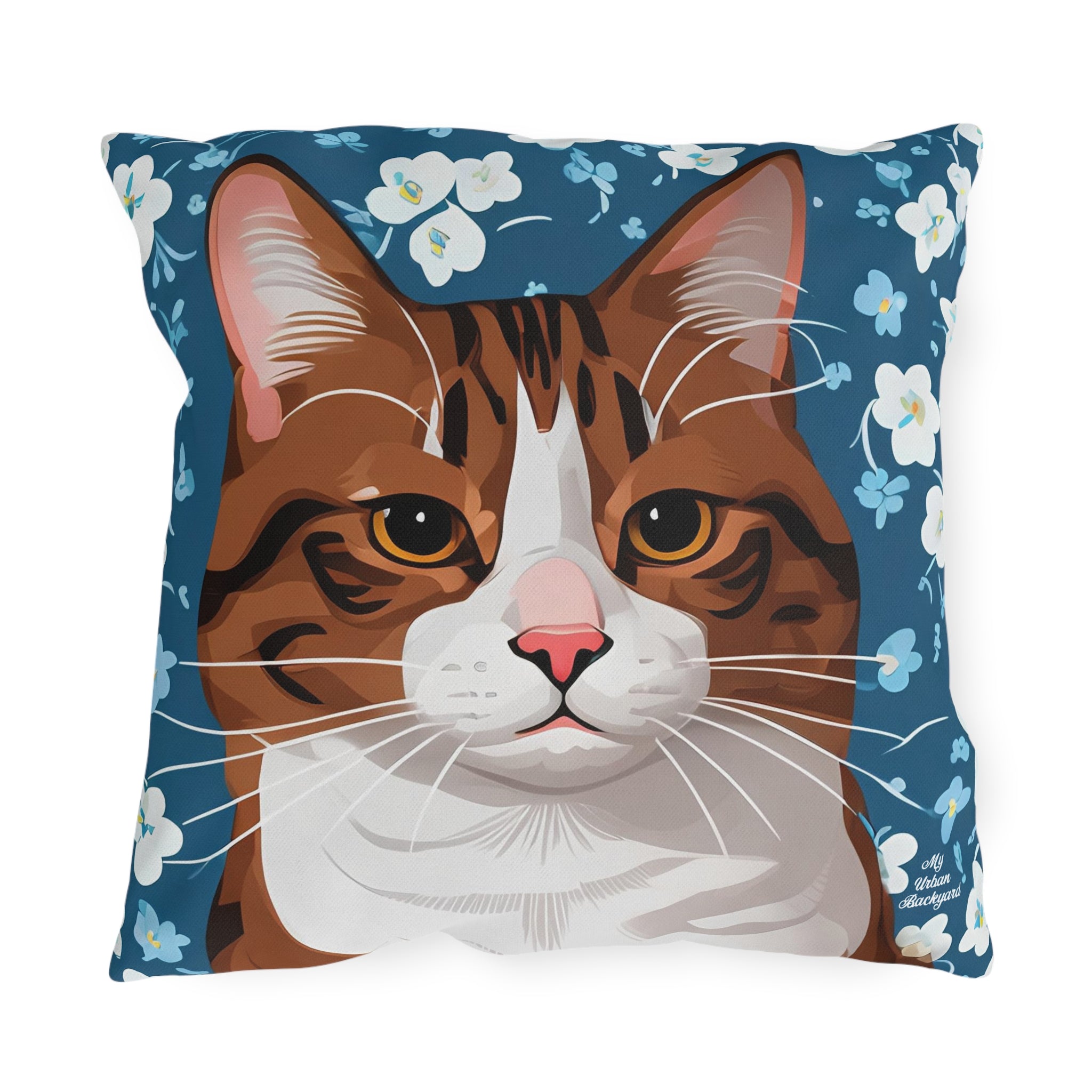 Orange Cat and Flowers, Sable accent color, Throw Pillow, Indoor/Outdoor Decor for Home or Office
