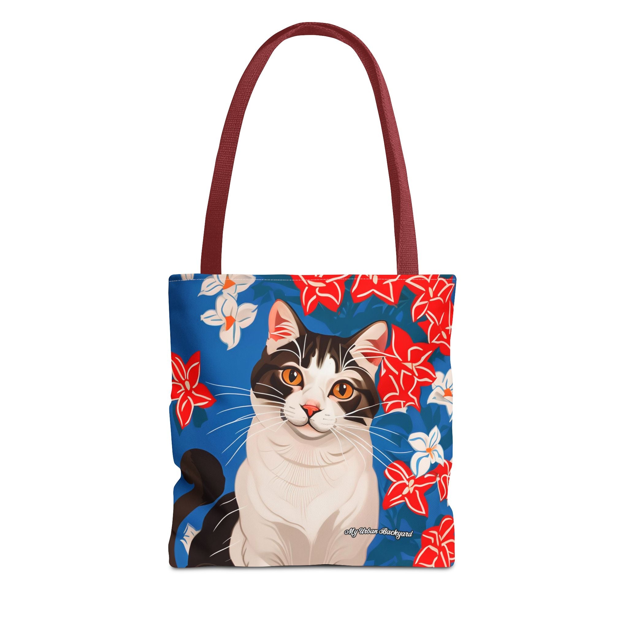 Cat with Red and White Flowers, Tote Bag with Cotton Handles For Everyday Use, 3 Sizes
