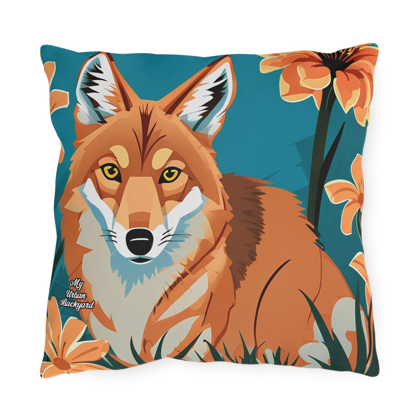 Coyote and Wildflowers, Sable accent color, Indoor/Outdoor Throw Pillow Decor for Patio or Office