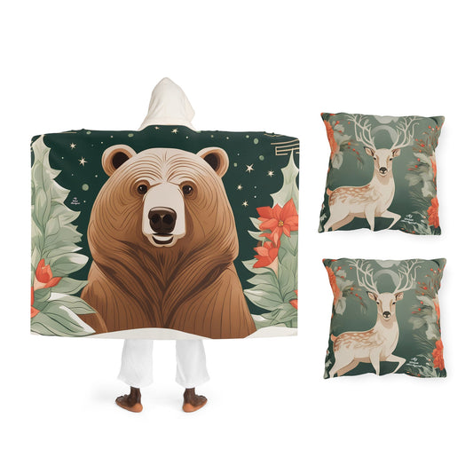 Cozy Comforts Bundle, Hooded Blanket and 2 Throw Pillows - Bear & Deer