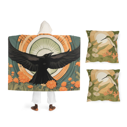 Cozy Comforts Bundle, Hooded Blanket and 2 Throw Pillows - Crow & Hummingbirds