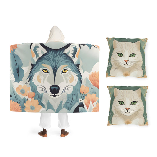 Cozy Comforts Bundle, Hooded Blanket and 2 Throw Pillows - Wolf & Cats