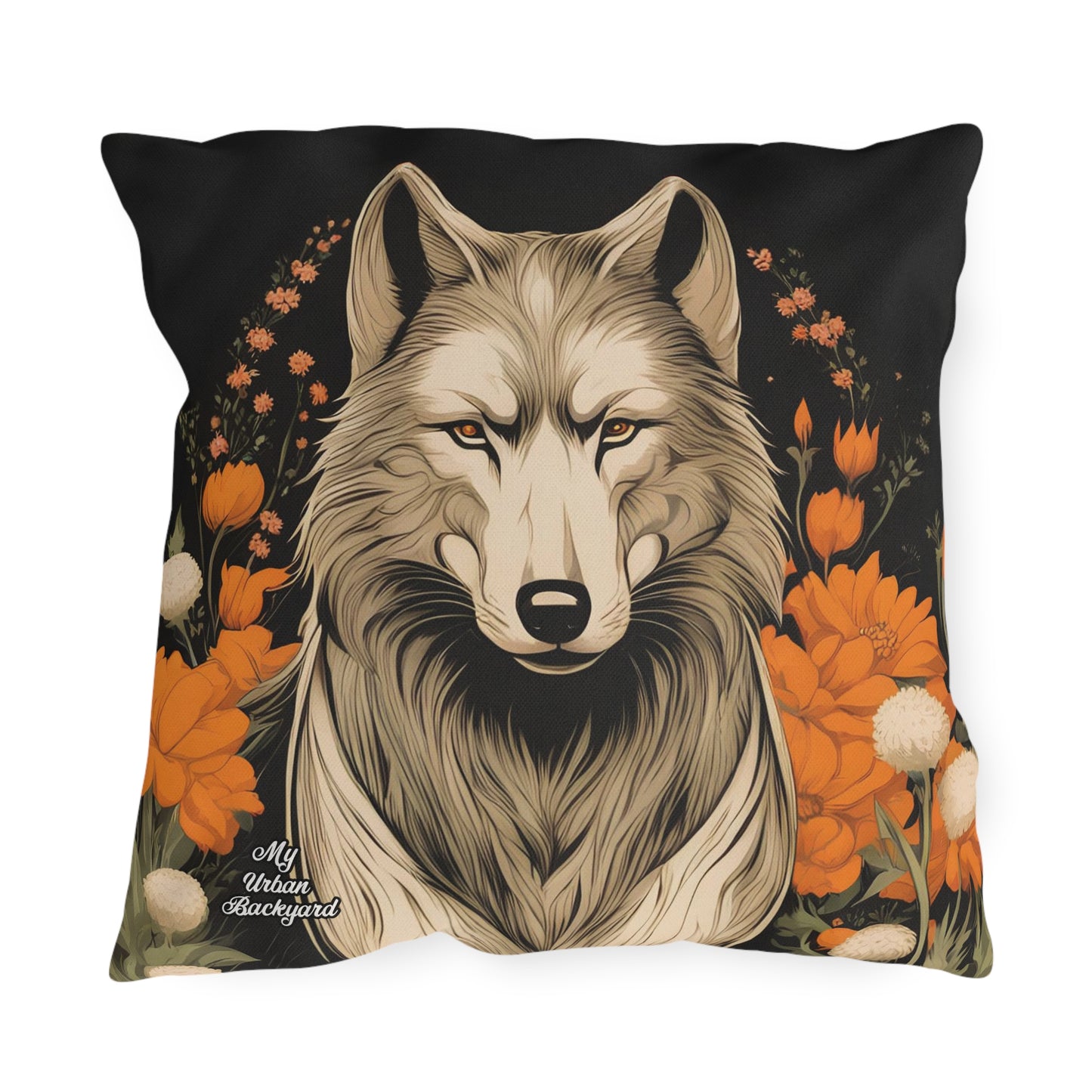 Wolf with Flowers, Taupe accent color, Indoor/Outdoor Throw Pillow Decor for Patio or Office