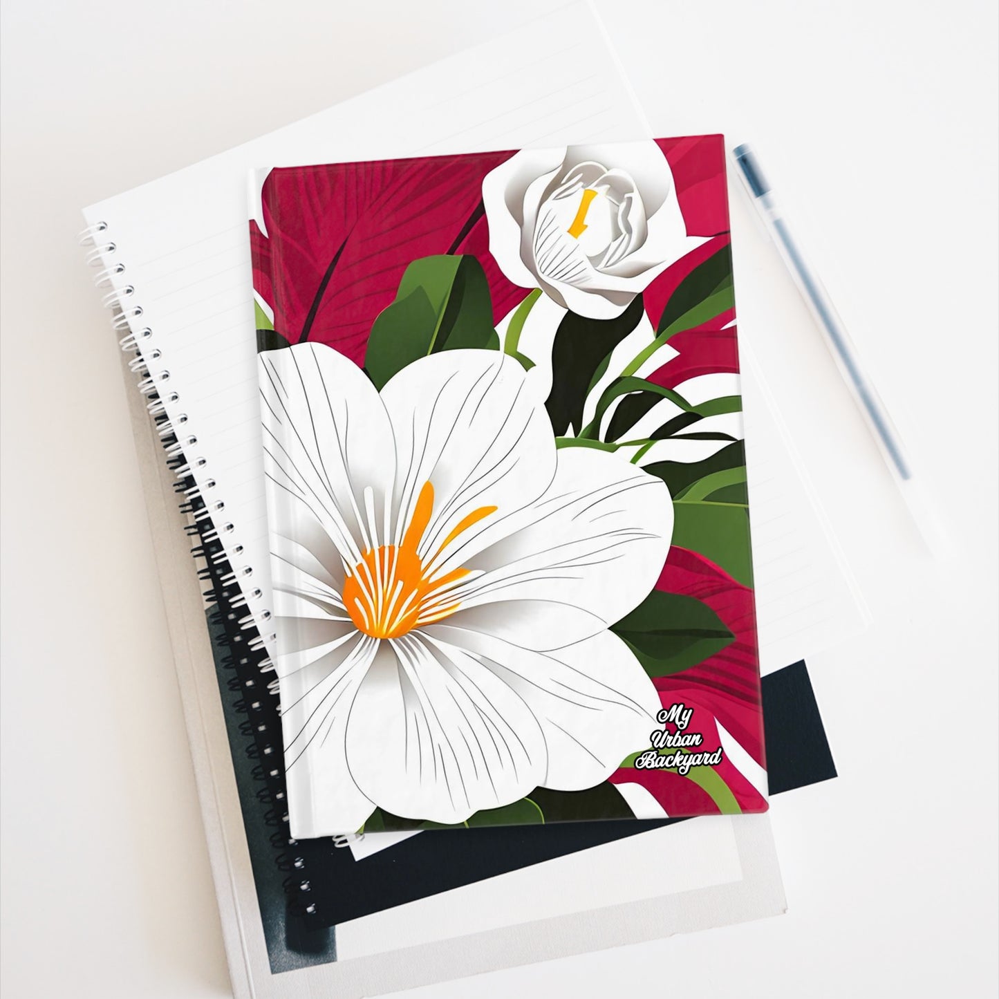 Hardcover Writing Journal with 128 ruled line pages - White Flowers on Red