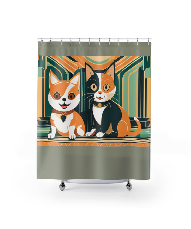 Two Kitties, Shower Curtain, Sage accent color - 71" x 74"
