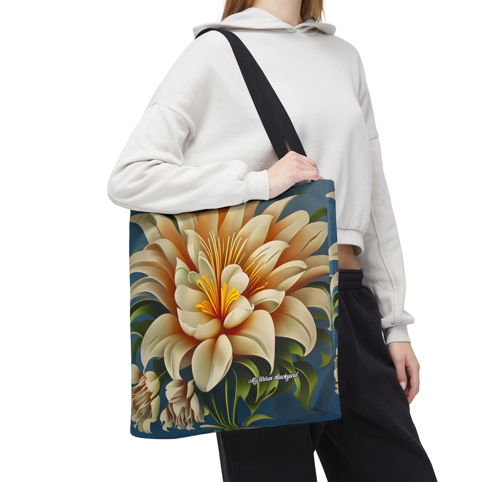 Large White Flower Tote Bag with Cotton Handles For Everyday Use, 3 Sizes