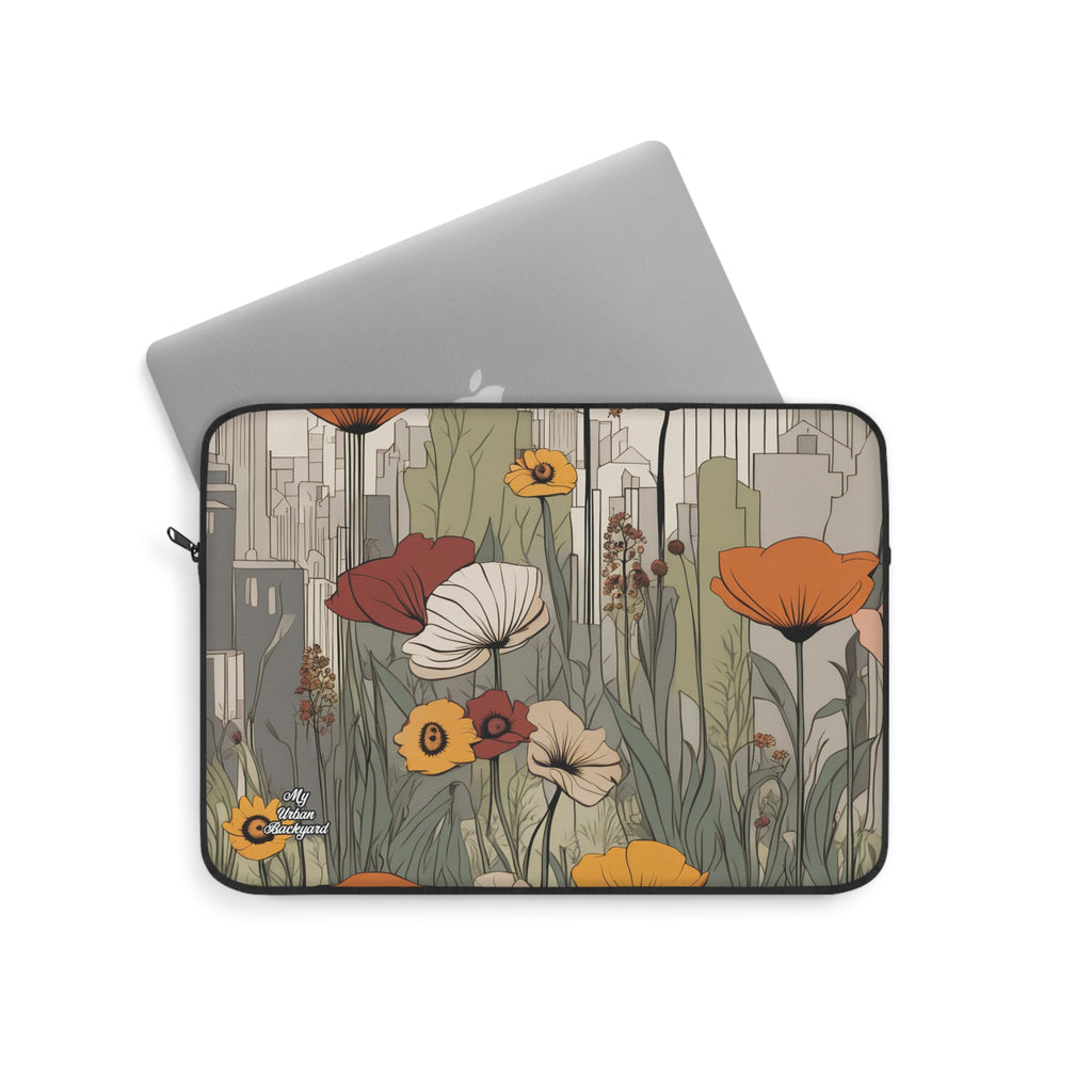 A floral patterned laptop carrying case displayed with a laptop partially inserted, showcasing the product's functionality and style.