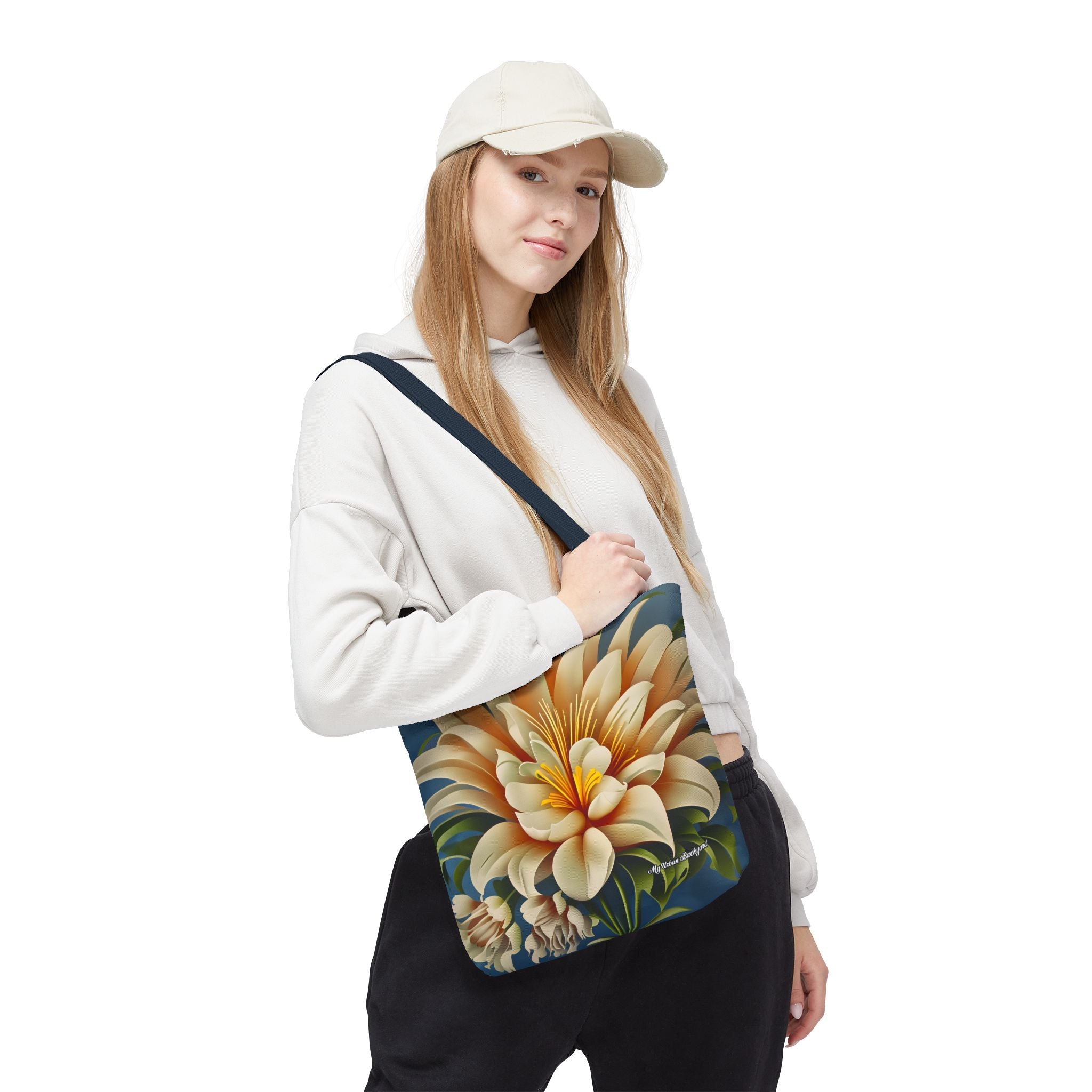 Large White Flower Tote Bag with Cotton Handles For Everyday Use, 3 Sizes