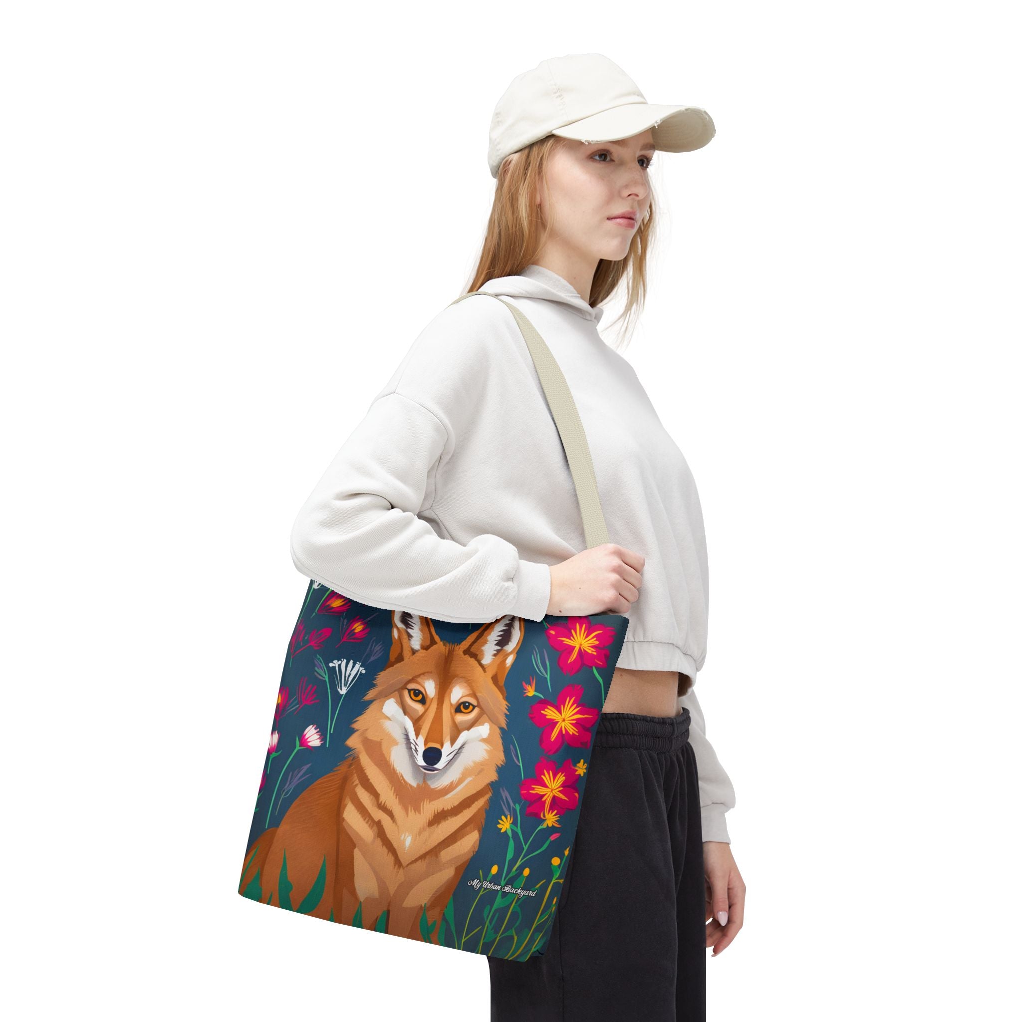 Coyote w Red Flowers Tote Bag with Cotton Handles For Everyday Use, 3 Sizes