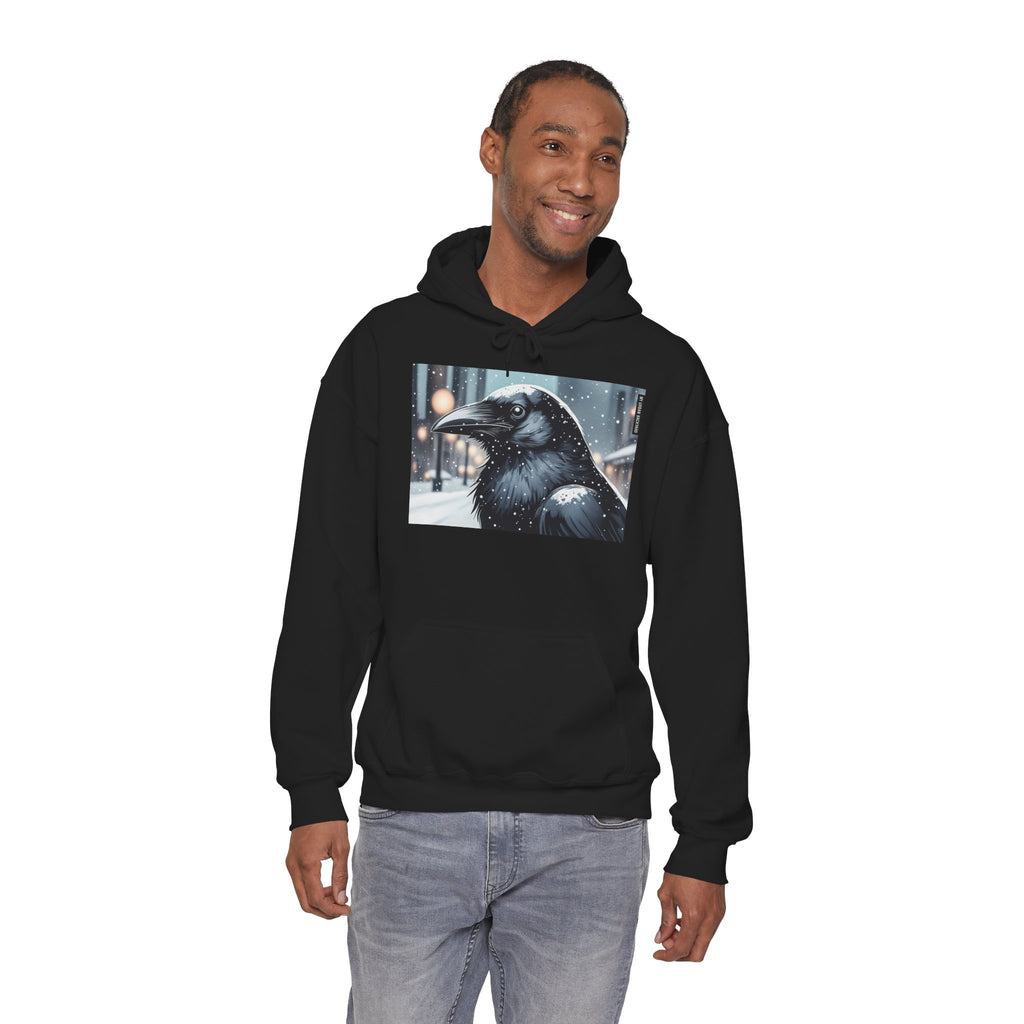 Urban Crow In Falling Snow Hoodie — Comfy Winter Graphic Hoodie