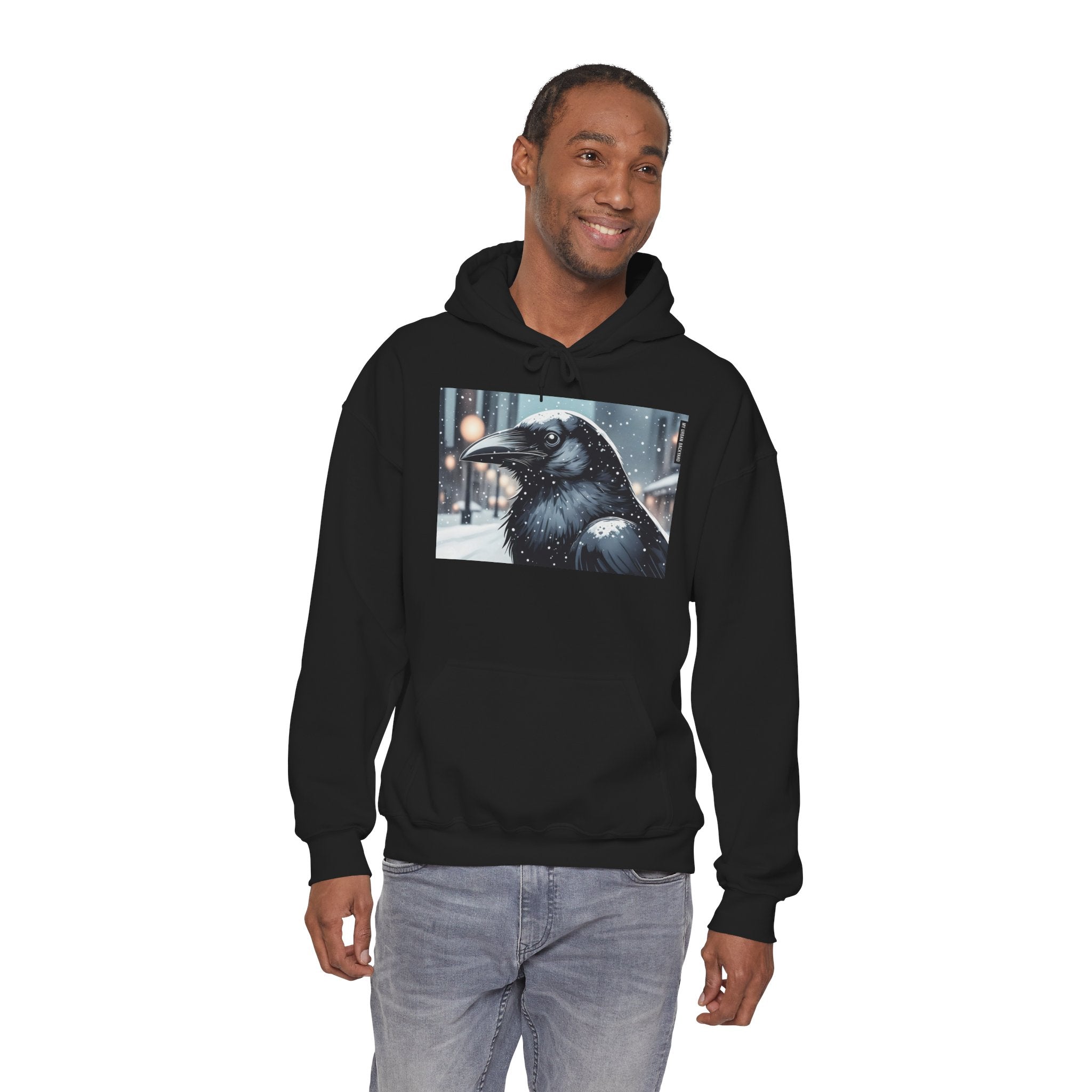 Urban Crow In Falling Snow Hoodie — Comfy Winter Graphic Hoodie