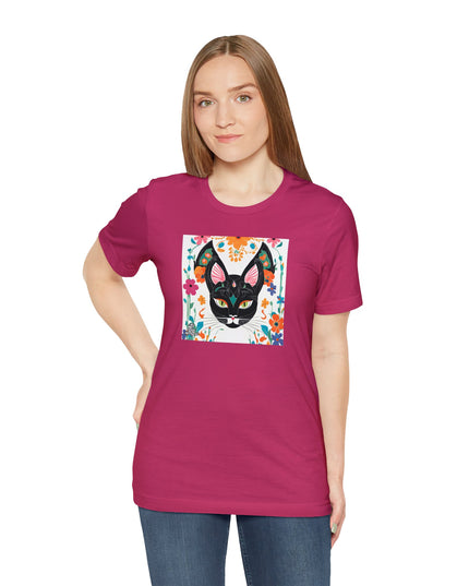 Black Cat w Green Eyes & Flowers, Soft 100% Jersey Cotton T-Shirt, Unisex, Short Sleeve, Retail Fit