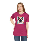 Black Cat w Green Eyes & Flowers, Soft 100% Jersey Cotton T-Shirt, Unisex, Short Sleeve, Retail Fit