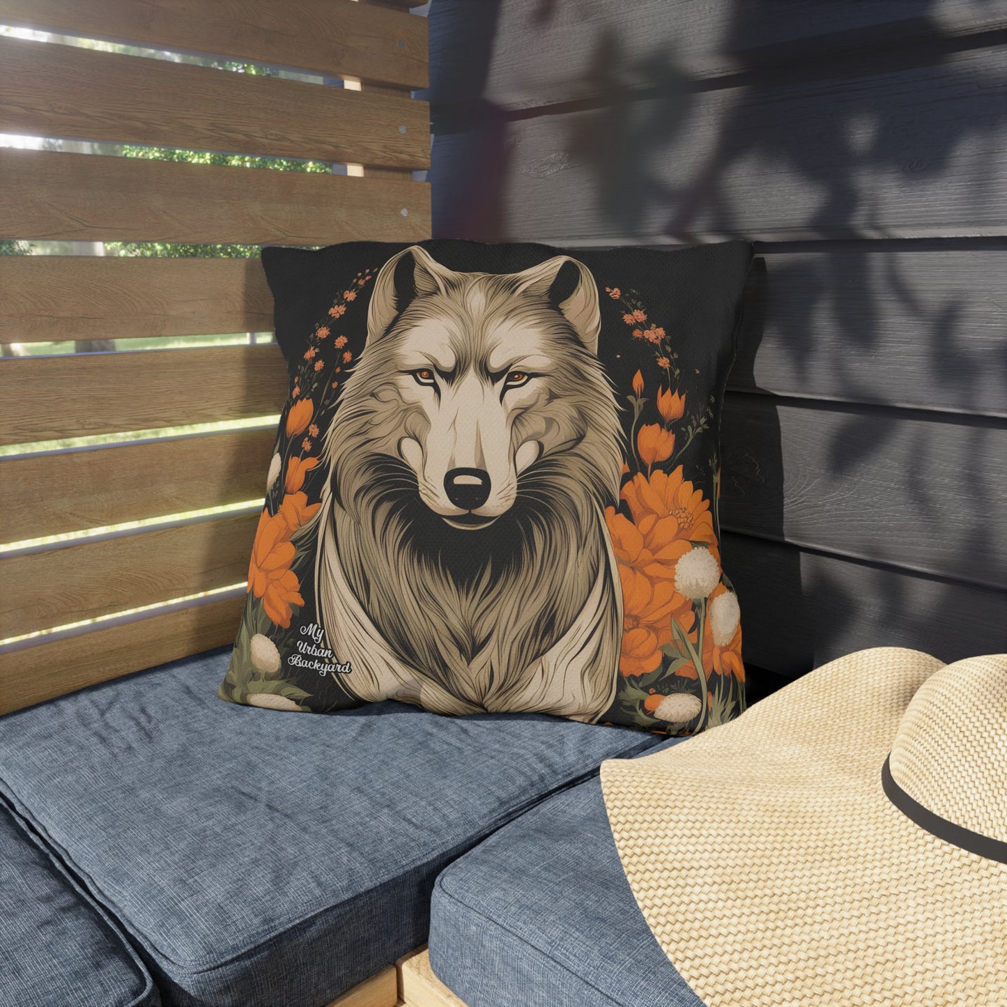 Wolf with Flowers, Taupe accent color, Indoor/Outdoor Throw Pillow Decor for Patio or Office