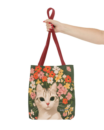 White Cat with Flowers Tote Bag with Cotton Handles For Everyday Use, 3 Sizes
