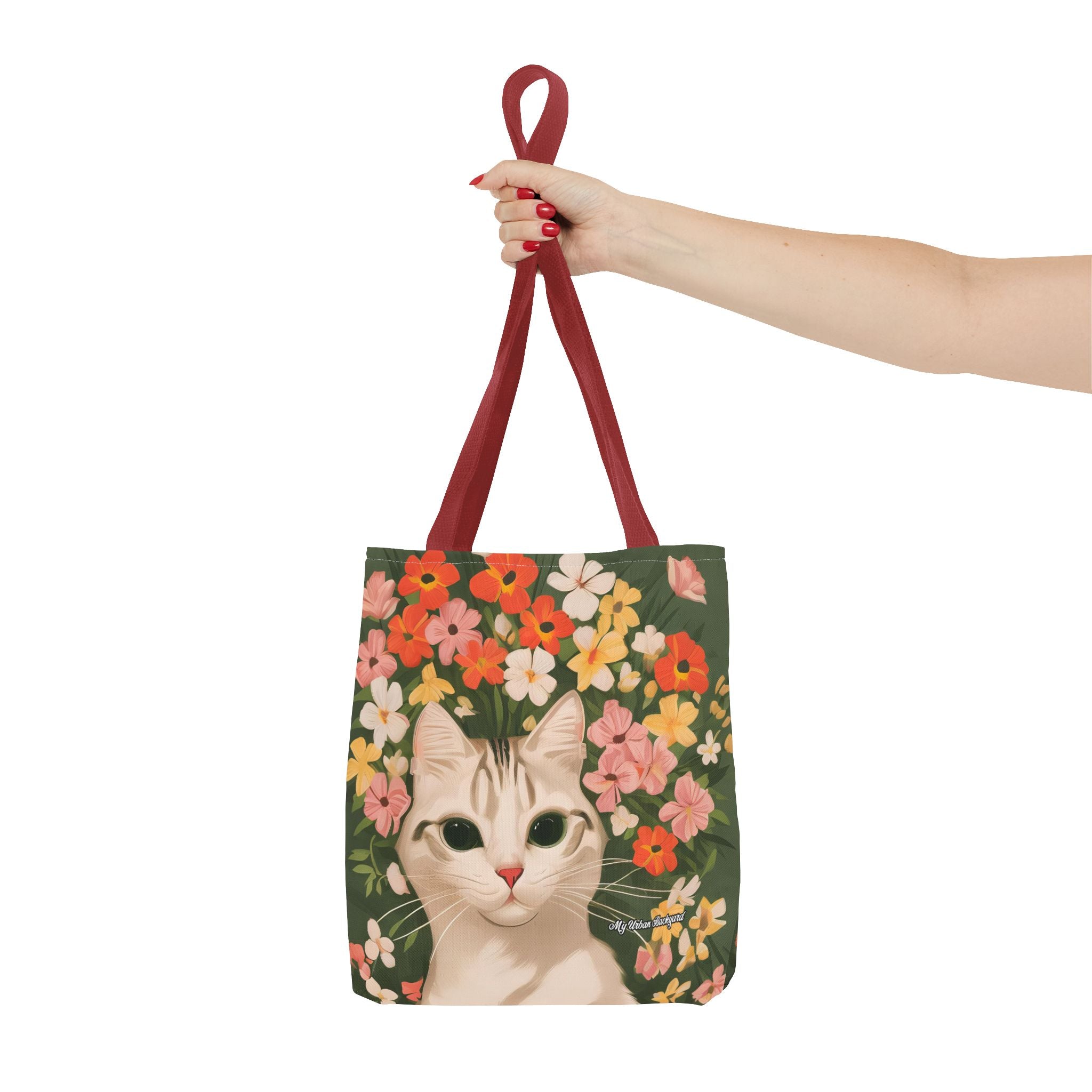 White Cat with Flowers Tote Bag with Cotton Handles For Everyday Use, 3 Sizes