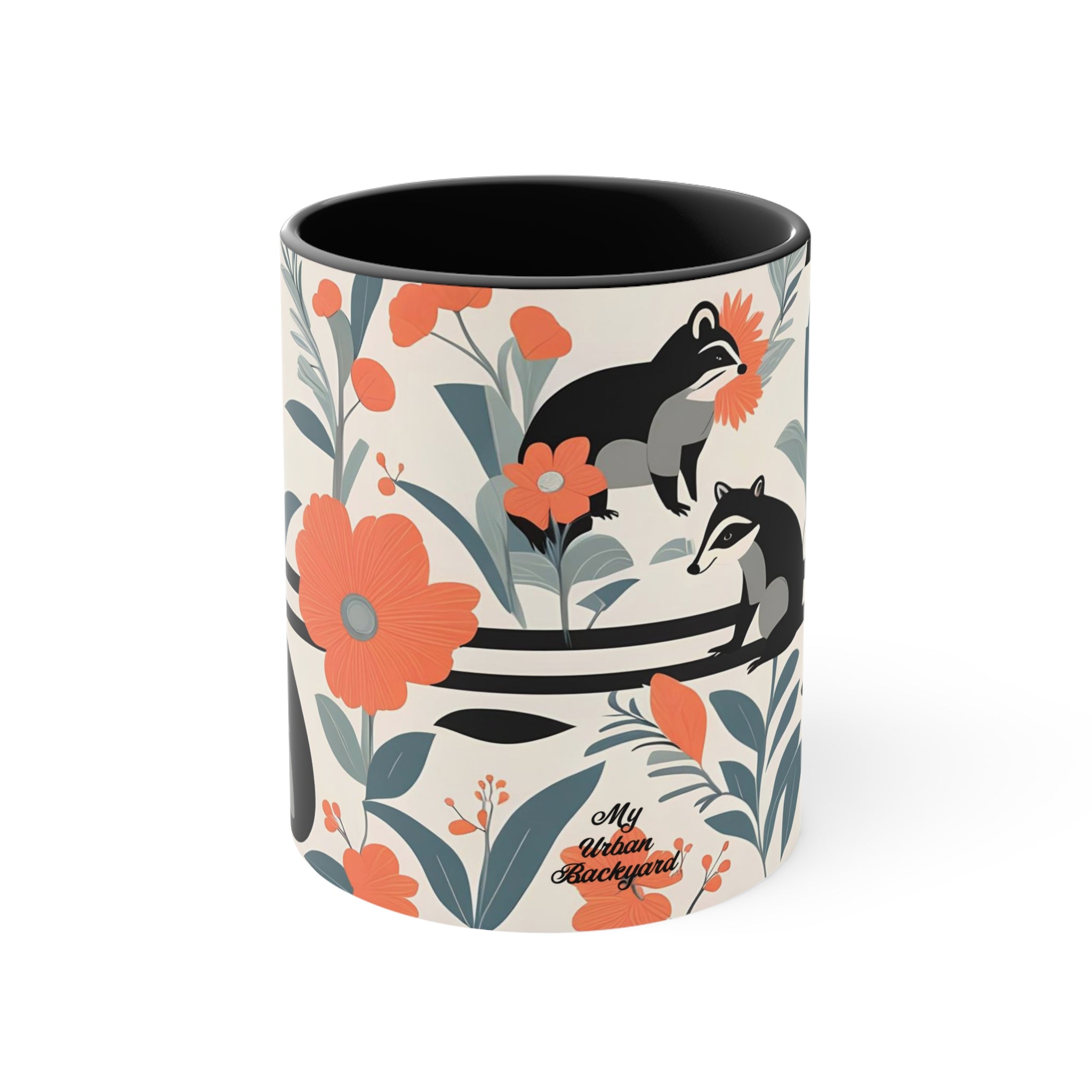 Raccoon Mural with Pastel Flowers, Ceramic Coffee Mug