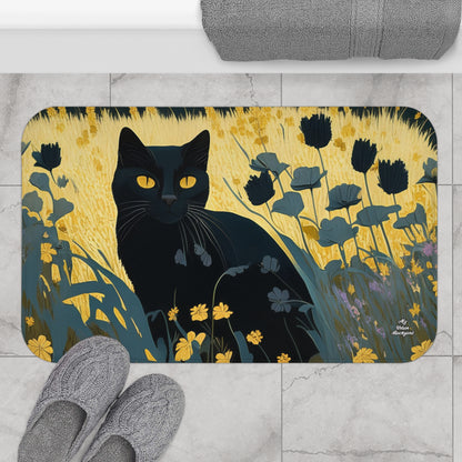 Black Cat with Black Flowers, Memory Foam Bath Mat - Cozy Bathroom Essential